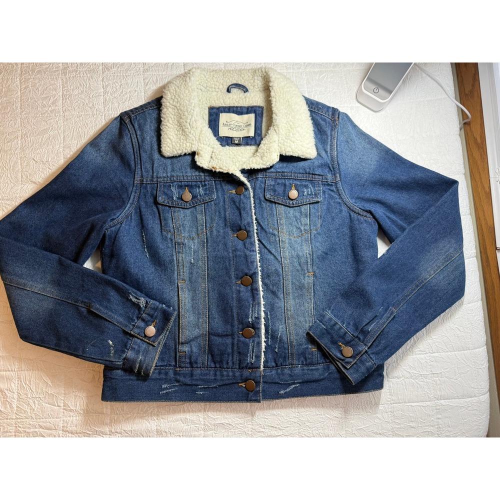 Ashley Vintage Charm Denim Trucker Jacket Shearling Lined Distressed Medium